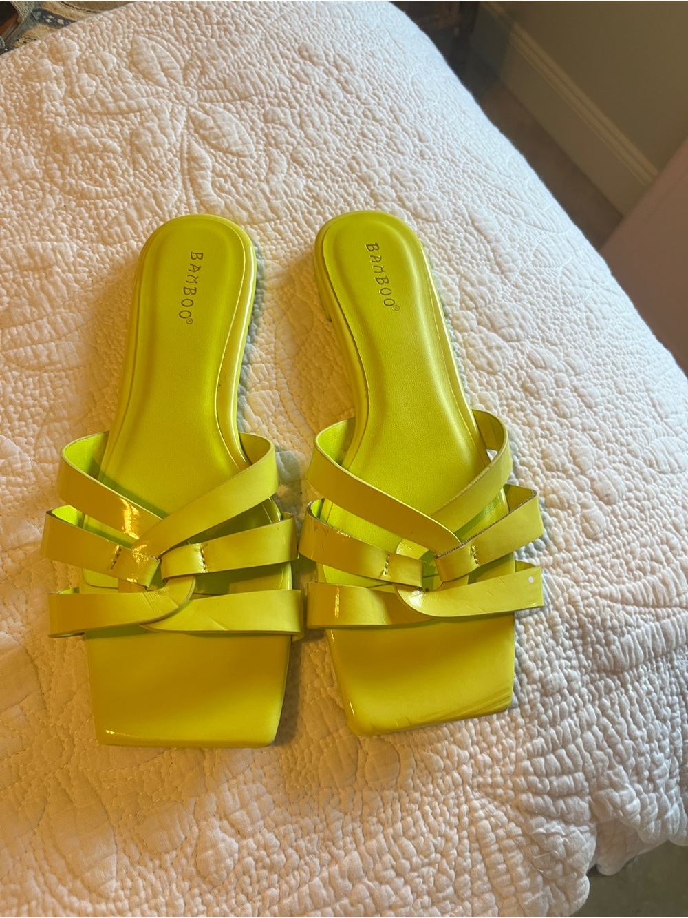 BAMBOO Neon Lime Strappy Square-Toe Slide Mules